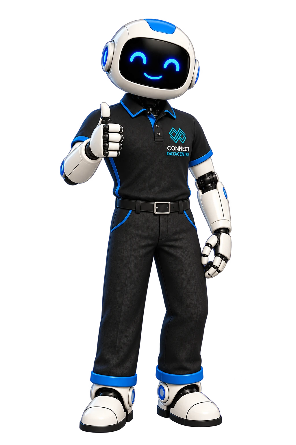 Mascote da Connect DataCenter: robô sorridente fazendo um joinha, com uniforme preto e azul da empresa